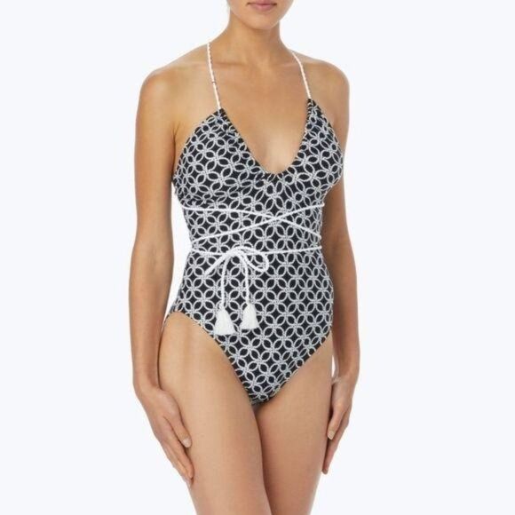 Michael Kors Rope Geo Print Plunging Neckline One-Piece Swimsuit - Picture 1 of 15